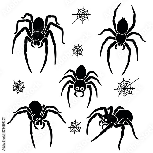 Five unique spider silhouettes isolated on white background