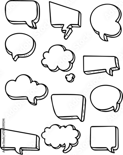 A diverse collection of hand-drawn doodle speech bubbles and thought clouds, perfect for adding a whimsical, communicative touch to any design or message