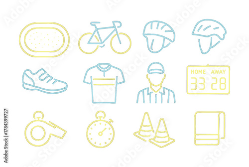 Cycling icons: helmet, bicycle, stopwatch, whistle, jersey, scoreboard, cones, shoes