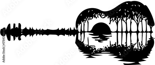 Guitar Silhouette with Landscape Reflection A Harmonious Blend of Music and Nature