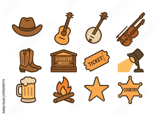 Country music icons: hat, guitar, banjo, violin, boots, ticket, beer, campfire, star, badge