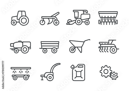Outline icons of farm equipment and machinery: tractor, combine harvester, sprayer, plow, seed drill