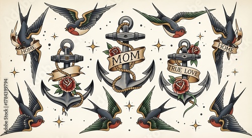 Traditional Tattoo Style Swallows Anchors Roses Mom Home True Love Wall Art