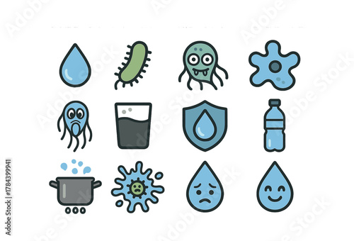 Water contamination icons: drops, germs, shield, bottle, boiling pot, microorganisms