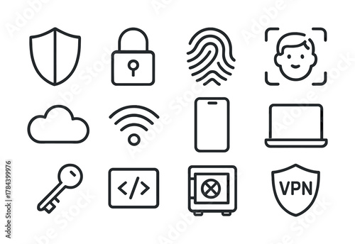 Cybersecurity icon set: lock, shield, fingerprint, cloud, wifi, vpn, encryption