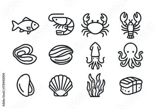 Seafood icons set: fish, shellfish, crustaceans, squid, octopus, sushi