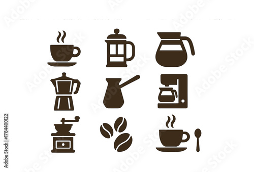 Coffee icons set featuring cups, pot, beans, kettle, french press, grinder