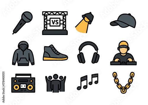 Hip hop culture icons set featuring dj cap and microphone