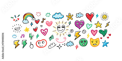 Wallpaper Mural Colorful Doodles of Hearts Stars Clouds and Faces rainbow Torontodigital.ca