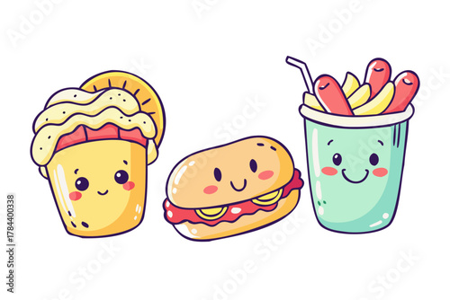 Cute smiling fast food icons on white background vector