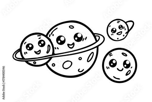 Cute smiling planets with happy faces space