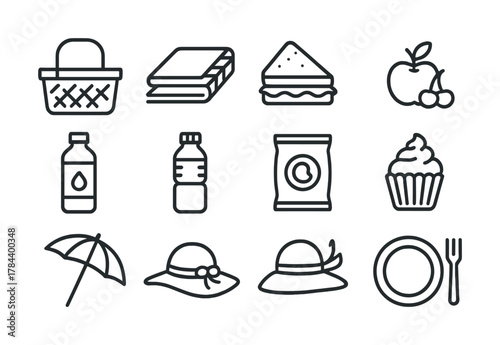 Picnic essentials: icon set featuring food, drink, and accessories