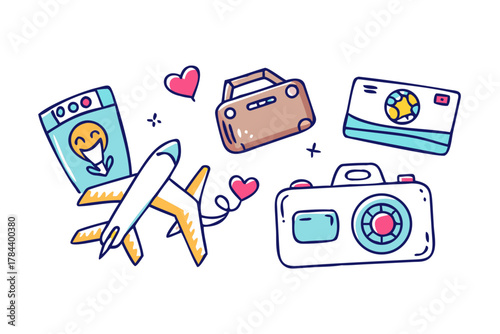 Cute travel icons with airplane passport and cameras