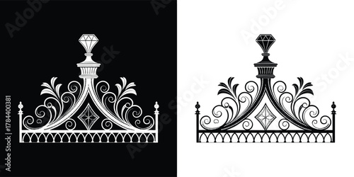 Ornate decorative element with scrollwork and a diamond, black and white illustration, vintage architectural detail, elegant wrought iron design, classic ornamental piece