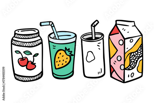 Doodle style drinks and fruit on white background soda can
