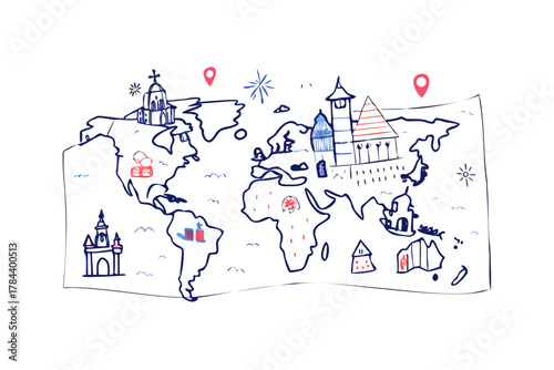 Doodle world map with cute landmarks and pin markers