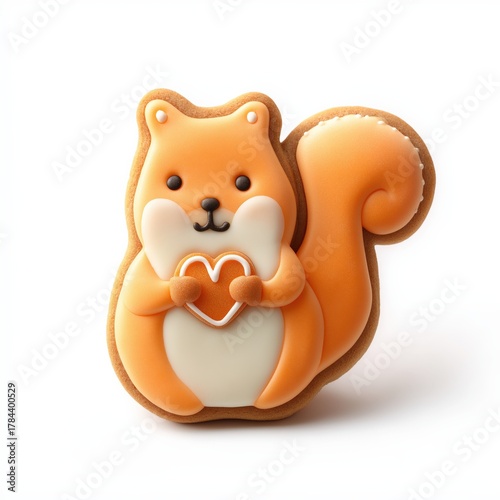 “Adorable Gingerbread Kawaii Squirrel Cookie with Pastel Orange Icing”and a fluffy tail, holding a tiny heart-shaped nut, featuring a simple soft shape, isolated on a white background.