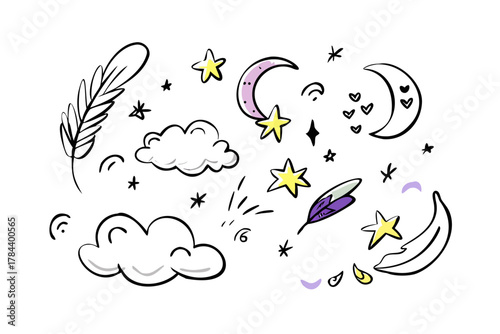 Dreamy night sky doodles with moons and stars clouds