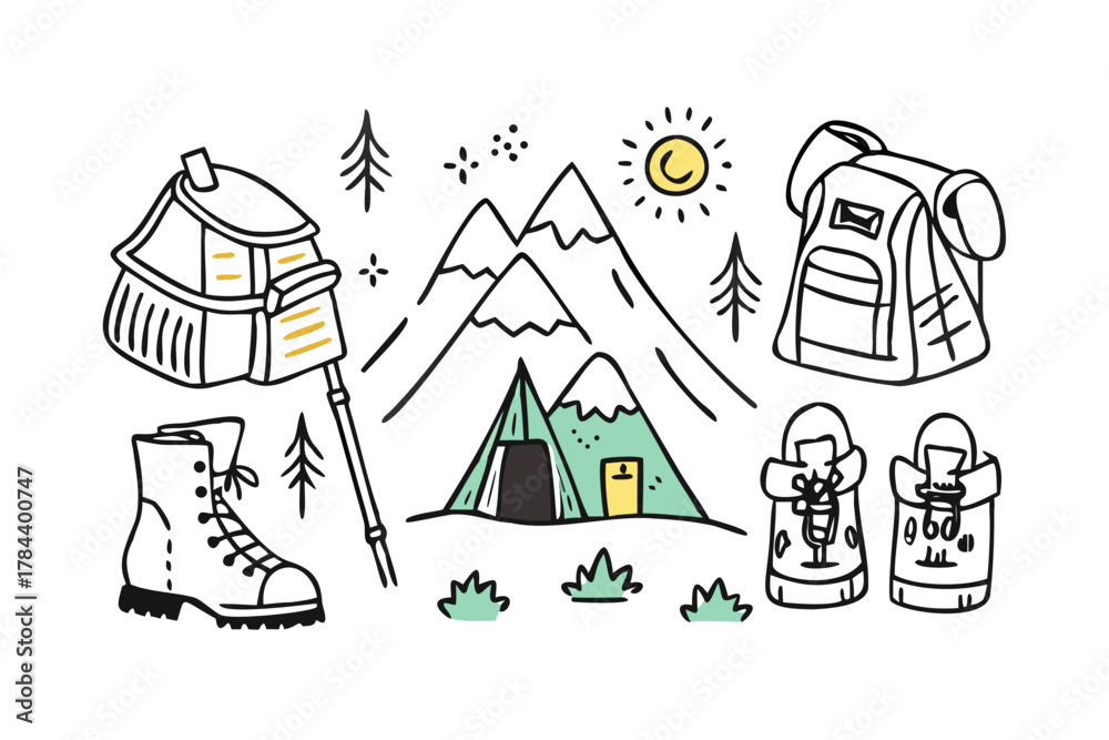 Fototapeta premium Mountain Adventure Doodles with Tent Backpacks and Boots