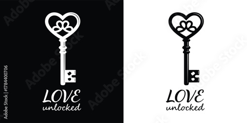 Heart shaped key logo symbolizing love unlocked, with elegant flourish, black and white versions, isolated on white background