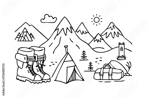Mountain camping scene with tents boots and backpack