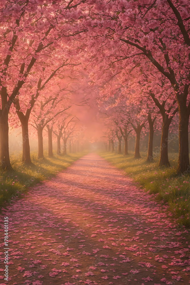 Naklejka premium Pathway Covered with Pink Sakura Petals at Dawn.