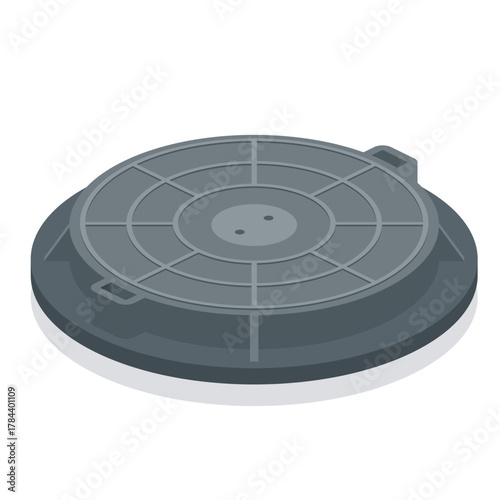 Isometric gray round manhole cover. Illustration of urban infrastructure element. Object isolated on white background.