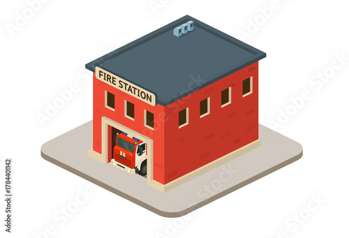 Isometric fire station building with fire truck. Illustration of emergency service architecture.