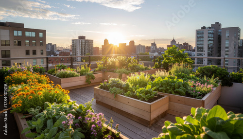 Sunset View of a Rooftop Urban Garden in a Cityscape