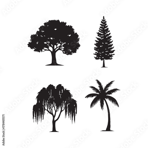 Silhouetted Trees Variety: A striking collection of four different trees in elegant silhouette against the blank area, perfect for nature-themed designs or adding a touch of the outdoors.