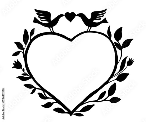 frame with a decorative heart and birds for laser cutting. Template for laser cutting of paper, cardboard, wood, metal. For Valentine's Day design, wedding cards, invitations, stickers, stencils, silk
