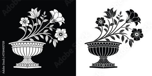 Elegant floral arrangement in a decorative urn, presented in both black and white versions for versatile design applications