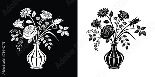 Vintage floral arrangement in a striped vase, black and white illustration, elegant botanical composition with roses and butterflies, classic decorative element