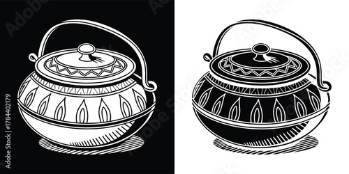 A black and white illustration of an ornate pot with a lid and handle, shown in positive and negative