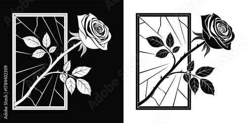 A black and white illustration of a rose with a broken frame, presented in both positive and negative versions