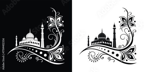 Indian taj mahal monument with floral paisley elements, architectural landmark, decorative design, black and white illustration