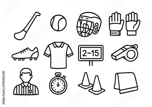 Outline icons of field hockey equipment and referee essentials