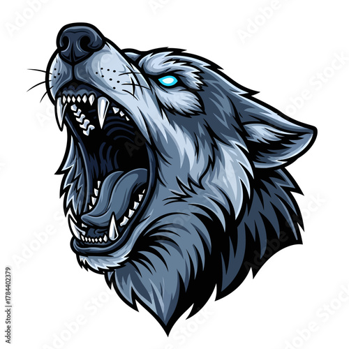 Stylized mascot of a snarling grey wolf head with glowing eyes, representing wild ferocity and untamed aggression