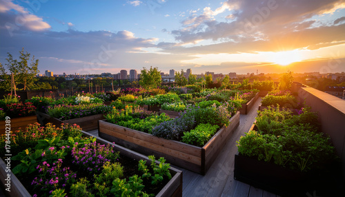 Fototapeta Naklejka Na Ścianę i Meble -  Lush Rooftop Garden with Variety of Herbs and Flowers at Sunset