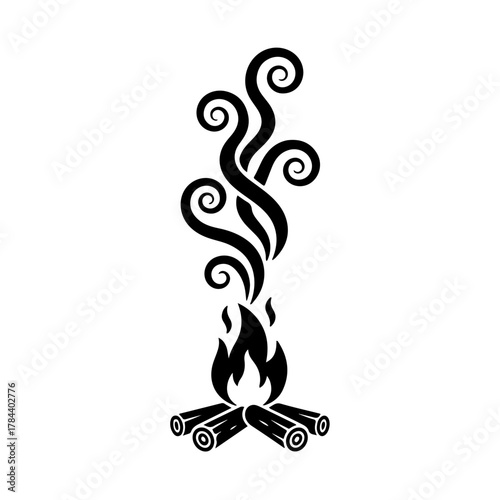 black and white silhouette of a campfire with spiral or wavy smoke rising. Symbolizing traditional rituals, community gatherings, and the transmission of ancestral knowledge among Indigenous Peoples
