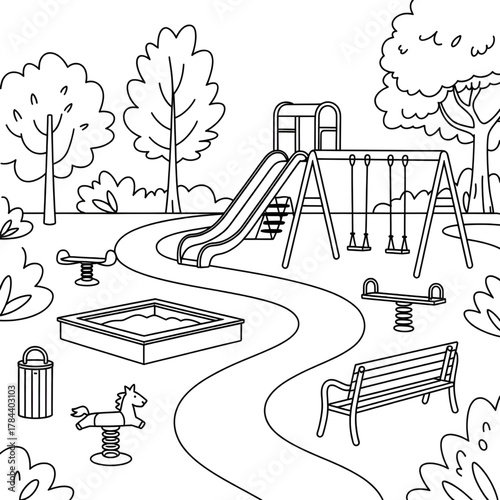 A line drawing of a playground vector style coloring page 