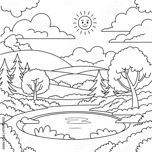 A black and white landscape Coloring Page 