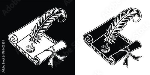 A scroll with a quill pen and inkwell, symbolizing writing and history, presented in black and white