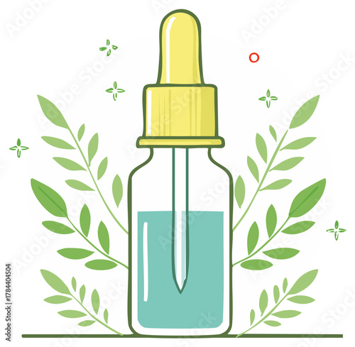 Hand drawn vector illustration of a natural cosmetic serum in a dropper bottle with botanical leaves
