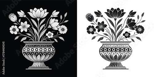 Vase filled with blooming flowers and leaves, floral arrangement, decorative element, vintage style, black and white illustration