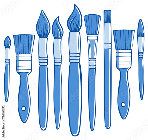 Collection of blue paint brushes on a white background