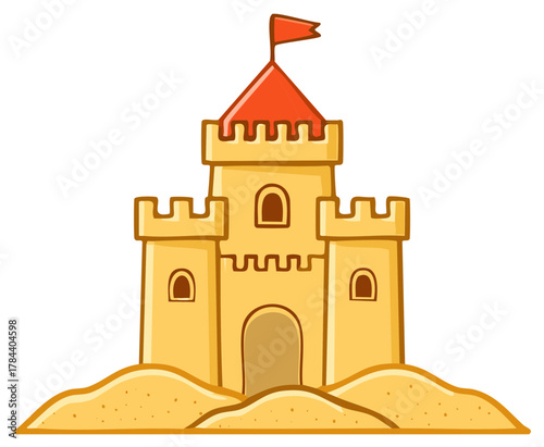 Illustration of a sandcastle with a red flag, towers, arch and battlements on a small sand dune