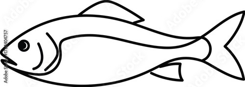 Black outline of a single fish swimming left on a white background silhouette black and white
