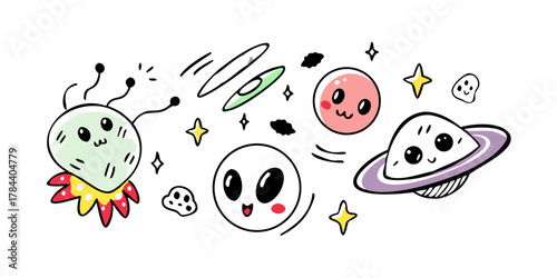 Cute cartoon space doodles with planets and stars vector
