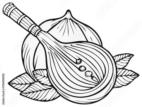 Illustration of stringed musical instrument mandolin with onion and leaves line art
